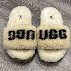UGG Cream Shearling Logo Slide Slippers with Black Accent